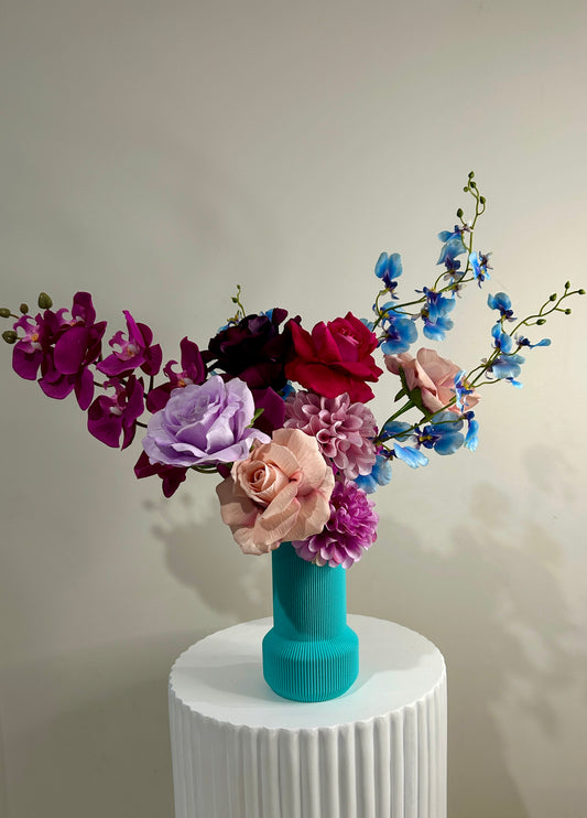 Small Blue, Purple & Pink Faux Floral Arrangement & Blue 3D Printed Vase