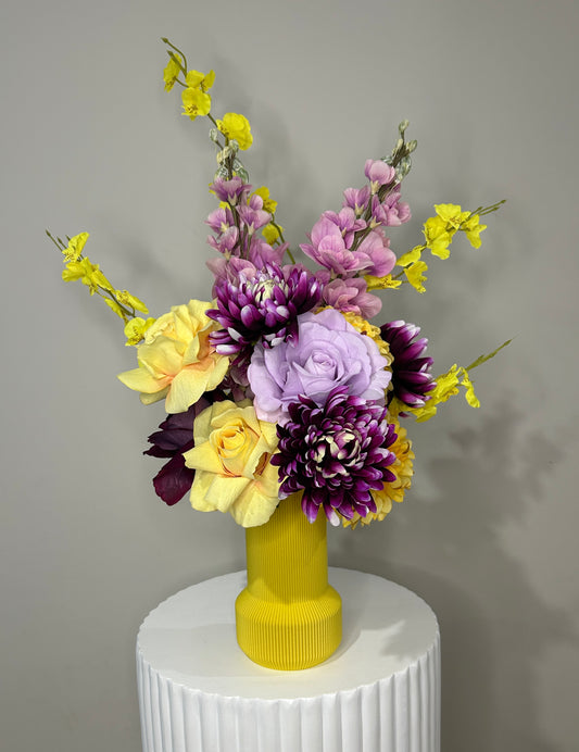Small Yellow & Purple Faux Arrangement & Yellow 3D Printed Vase